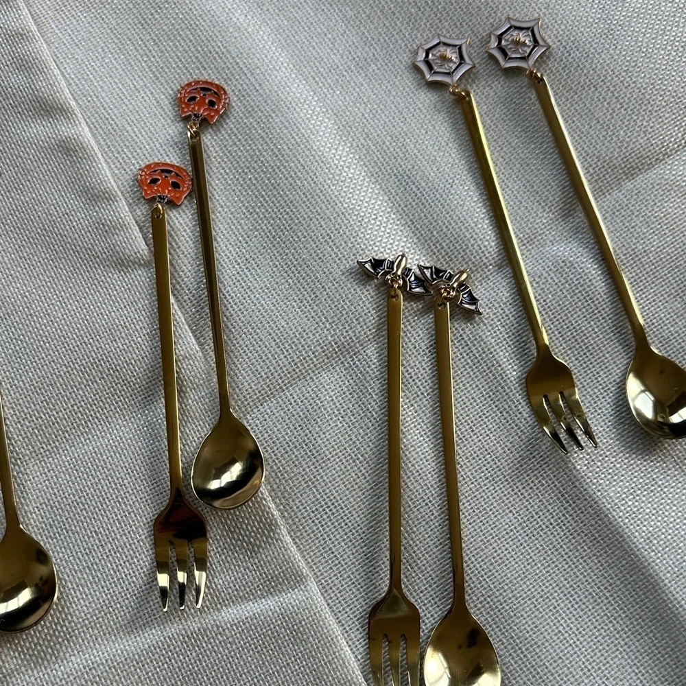 Gold Cocktail Fork and Spoon Set with Halloween themed Decorative Handles 6/12